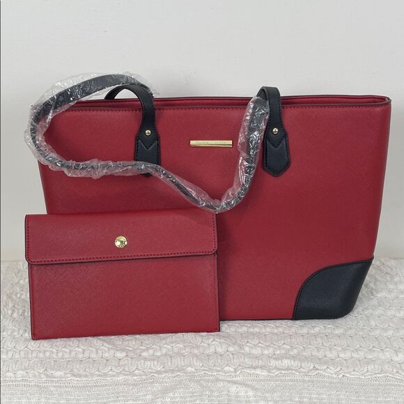 NWT Amazon Faux Leather Red and Black Women's Tote Bag Set - Picture 1 of 10